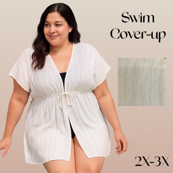 Plus Size XXL-XXXL Sheer Swim Cover-Up Neutral Striped Drawstring Beachwear - Picture 2 of 9